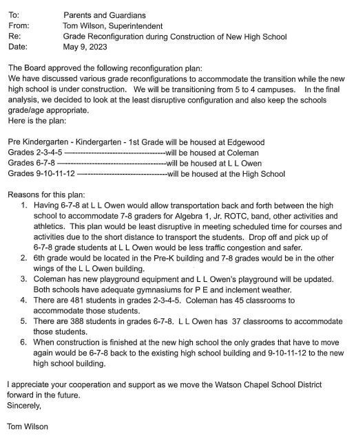 Reconfiguration letter from Superintendent
